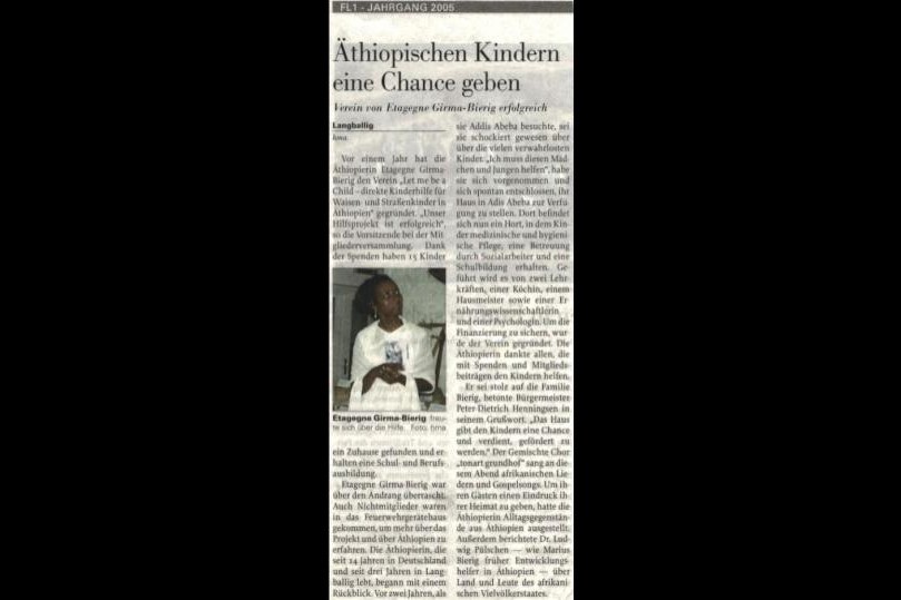 Zeitungsartikel „Äthiopischen Kindern eine Chance geben“