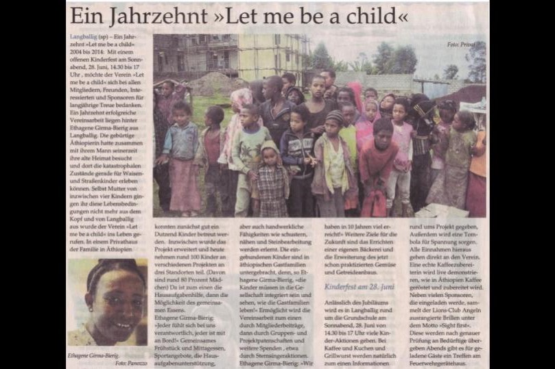 Zeitungsartikel „Ein Jahrzehnt ‚Let me be a child'“