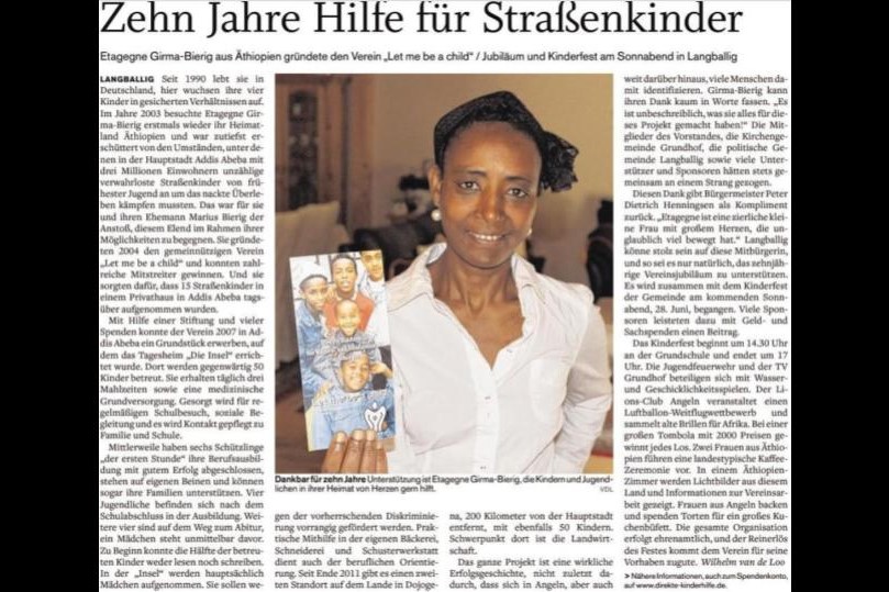 Zeitungsartikel „Zehn Jahre Hilfe für Straßenkinder“